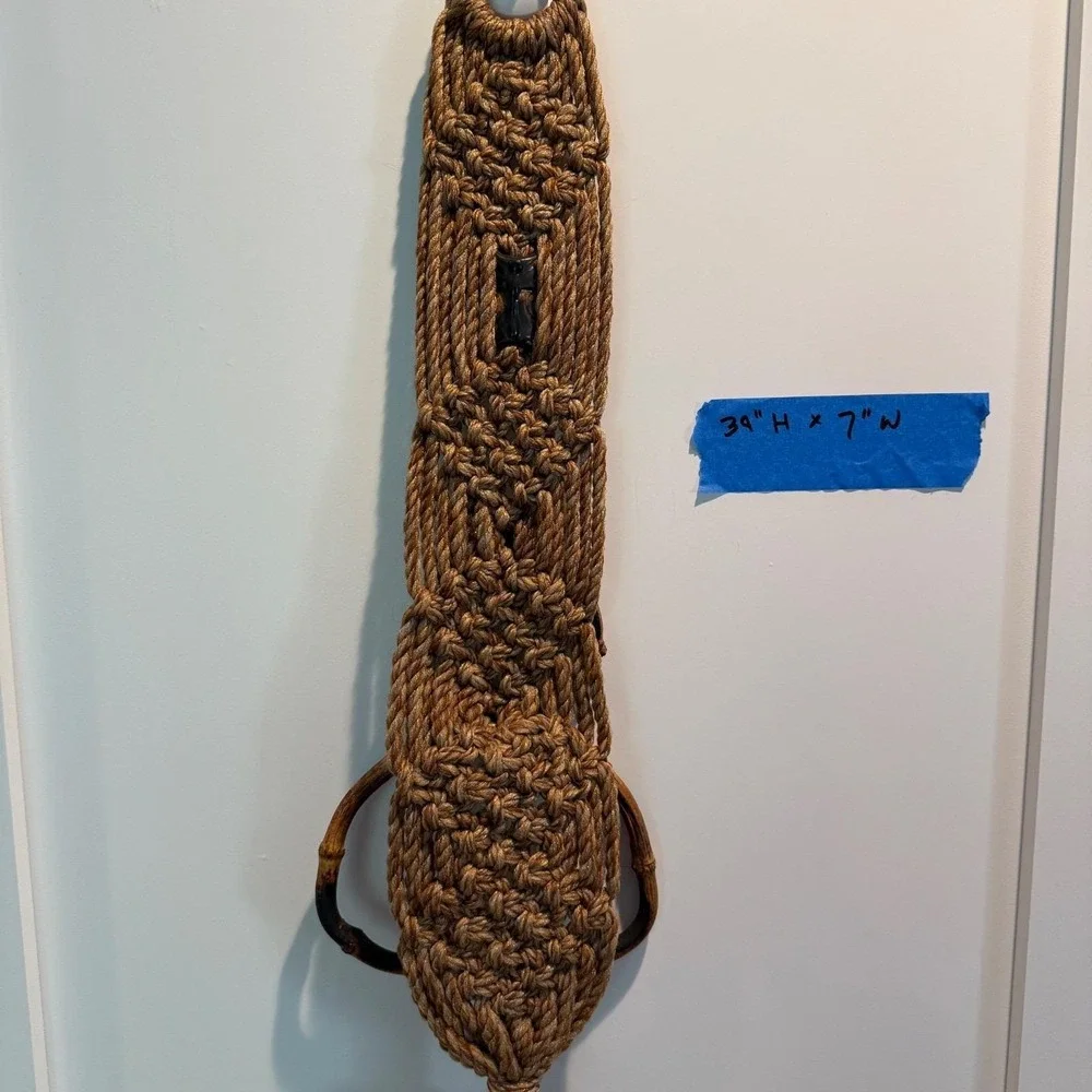Vintage 70's Macrame Jute Wallhanging Towel Holder Boho MCM Faux Bamboo